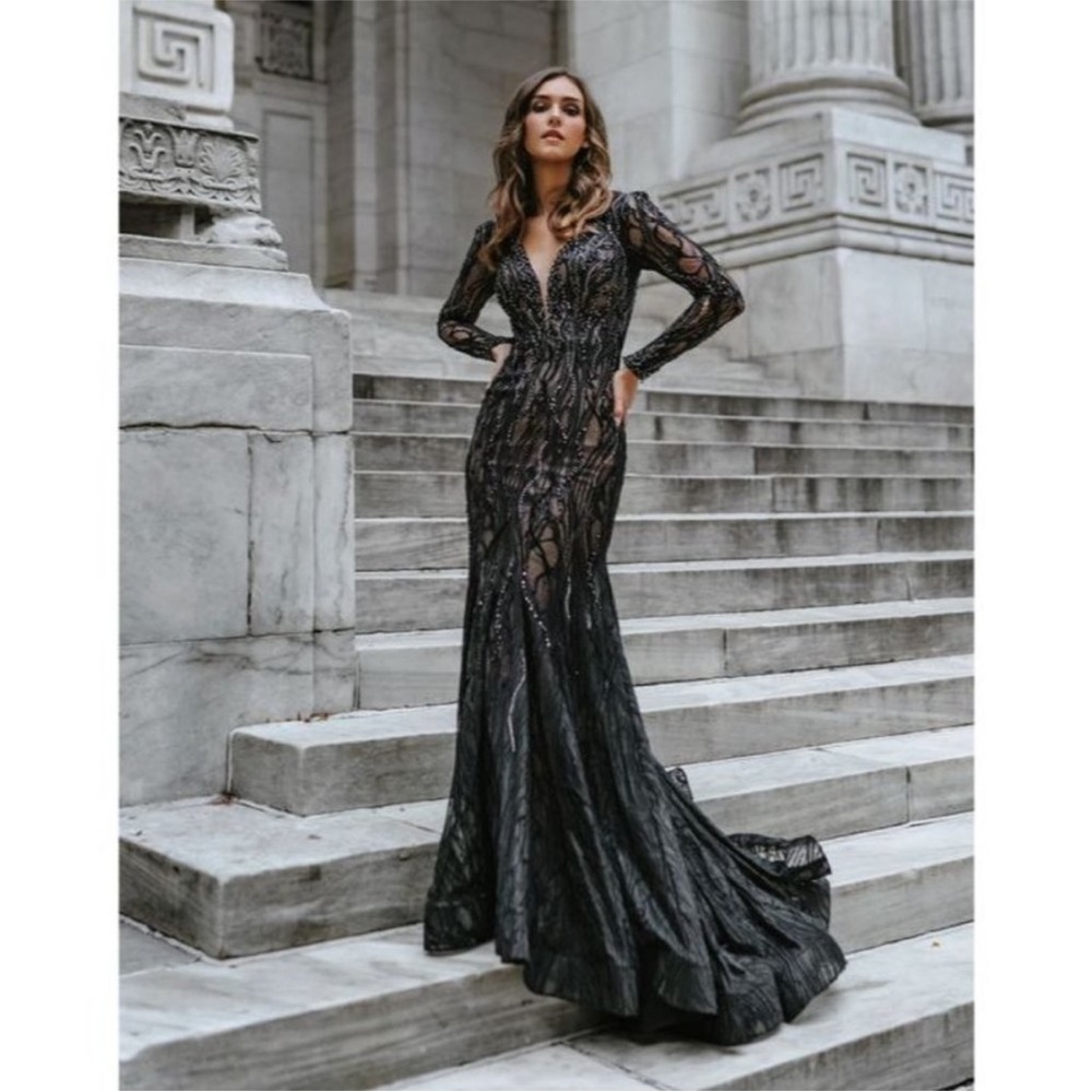 Mac Duggal Black Beaded Long Sleeve Mermaid Gown